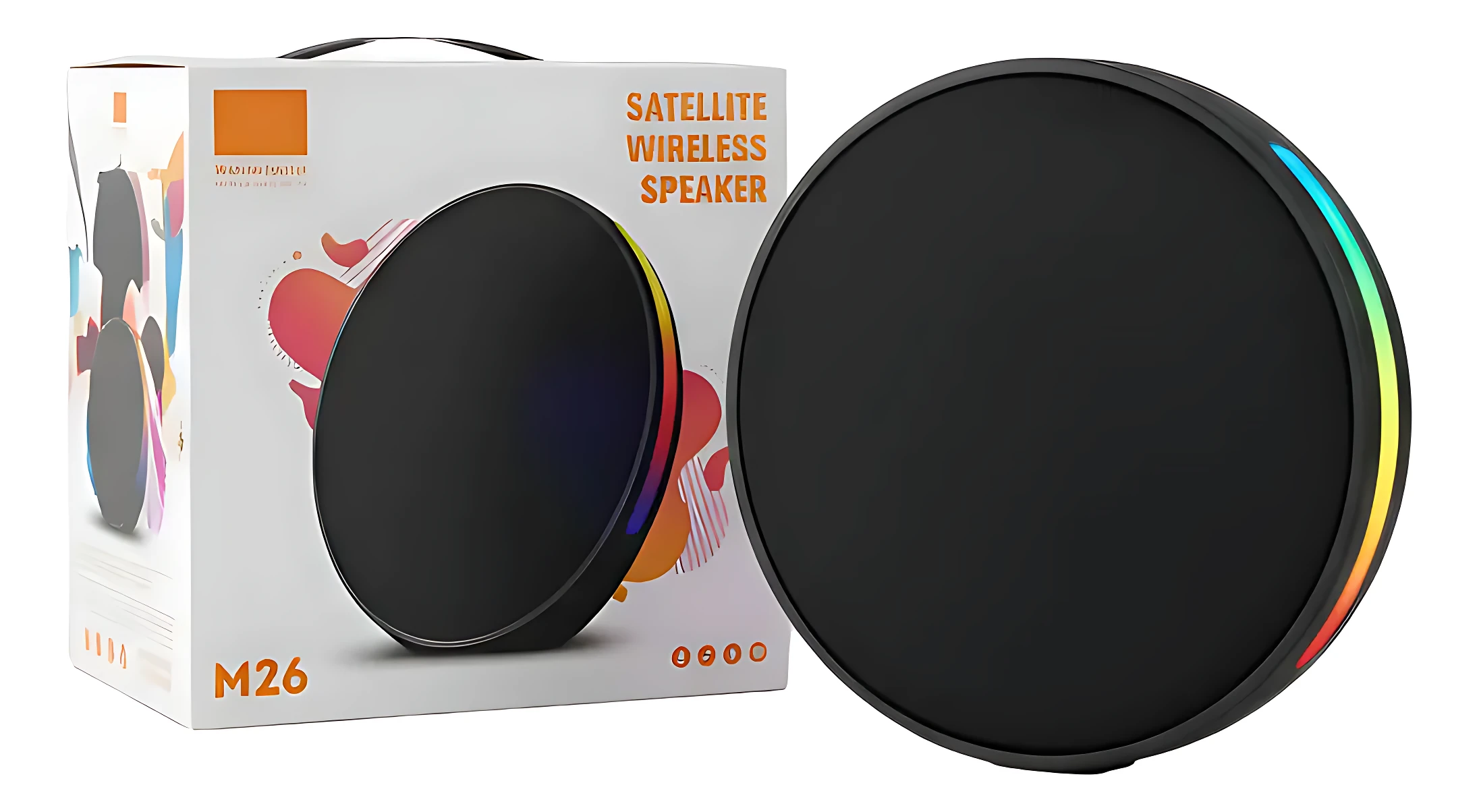 Parlante inalámbrico M26 negro con aro de luces LED multicolor, mostrado junto a su caja blanca con del producto y detalles de marca.