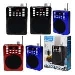 Cuatro parlantes Bluetooth KTX en negro, azul y rojo, con micrófono incluido y caja de presentación que muestra modelo KTX1601, altavoz de 3 pulgadas.