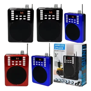 Cuatro parlantes Bluetooth KTX en negro, azul y rojo, con micrófono incluido y caja de presentación que muestra modelo KTX1601, altavoz de 3 pulgadas.