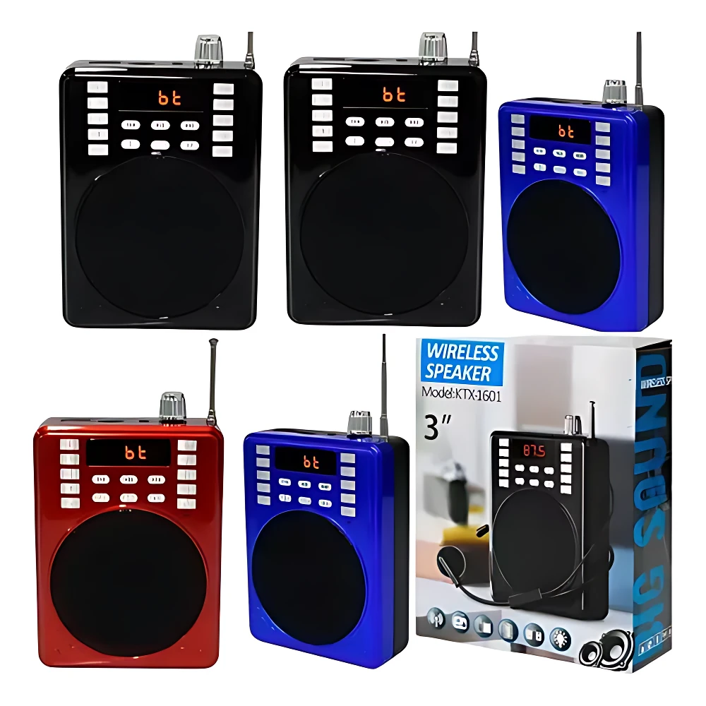 Cuatro parlantes Bluetooth KTX en negro, azul y rojo, con micrófono incluido y caja de presentación que muestra modelo KTX1601, altavoz de 3 pulgadas.