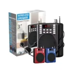 Parlante megáfono inalámbrico KTX-1601 con micrófono, caja de 3 pulgadas, dos unidades negras y dos rojas y azules, antenas y controles visibles.