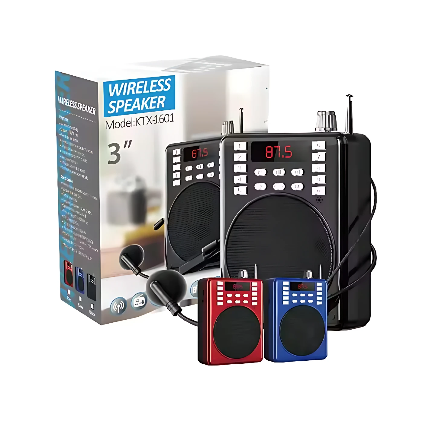 Parlante megáfono inalámbrico KTX-1601 con micrófono, caja de 3 pulgadas, dos unidades negras y dos rojas y azules, antenas y controles visibles.