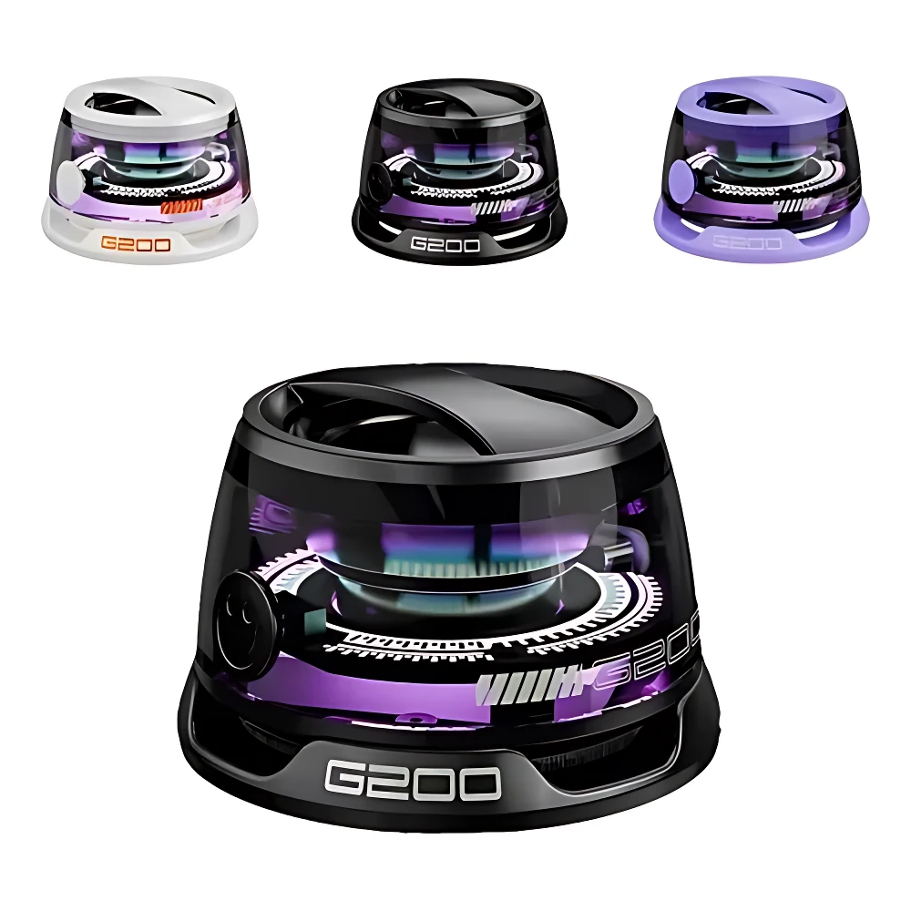 Parlante mini magnético portátil G200 en tres colores: blanco, negro y morado. Diseño compacto con iluminación RGB interna y base magnética para adherirse a superficies metálicas.