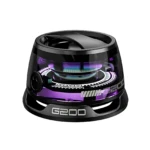 Parlante portátil G200 negro con iluminación RGB morada y azul, diseño cilíndrico con base magnética visible y logotipo frontal.