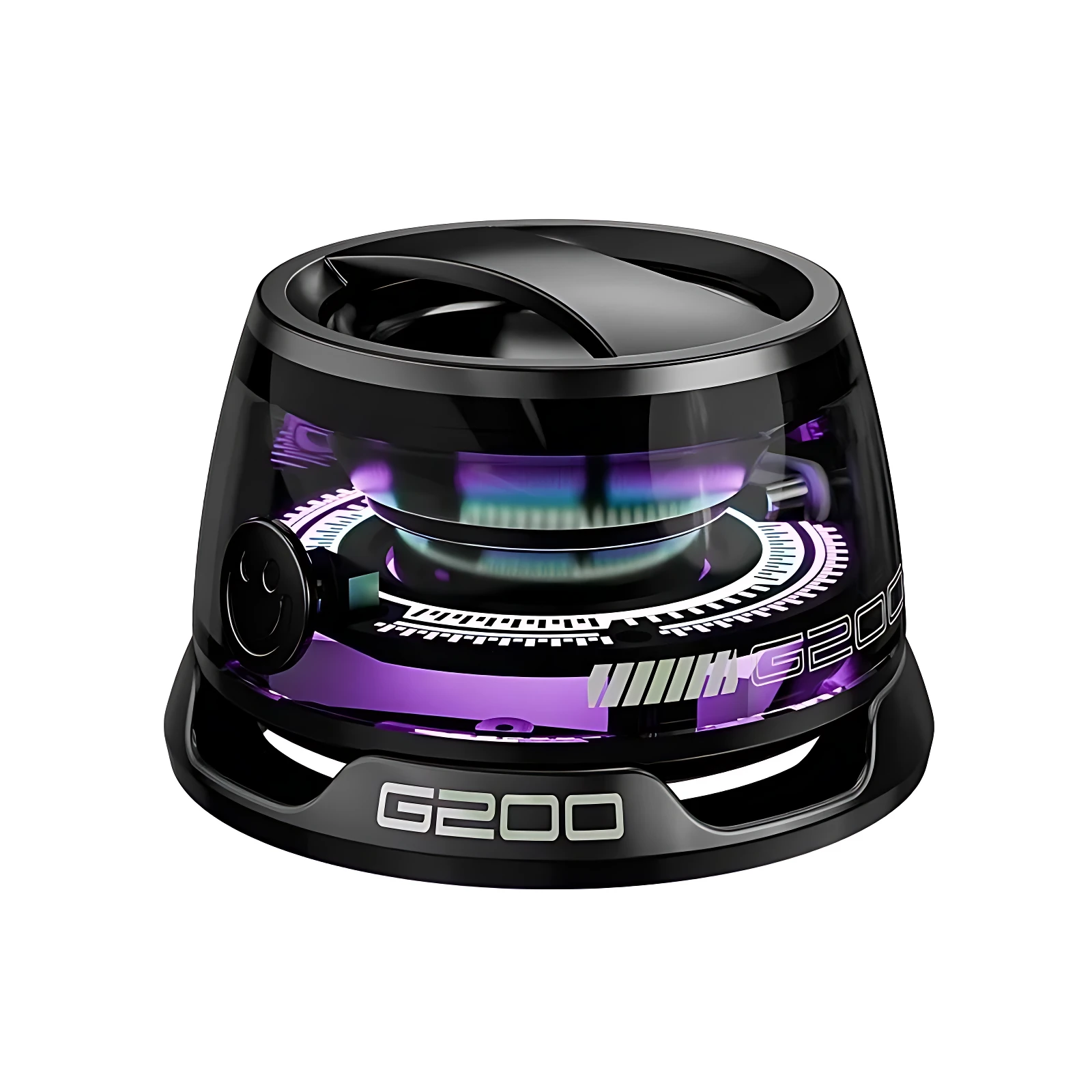 Parlante portátil G200 negro con iluminación RGB morada y azul, diseño cilíndrico con base magnética visible y logotipo frontal.