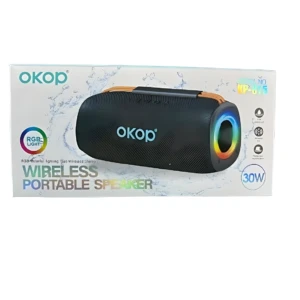 Parlante inalámbrico Okop Kp-815 de 30W, color negro con luces RGB circulares en la parte frontal, presentado en su caja original.