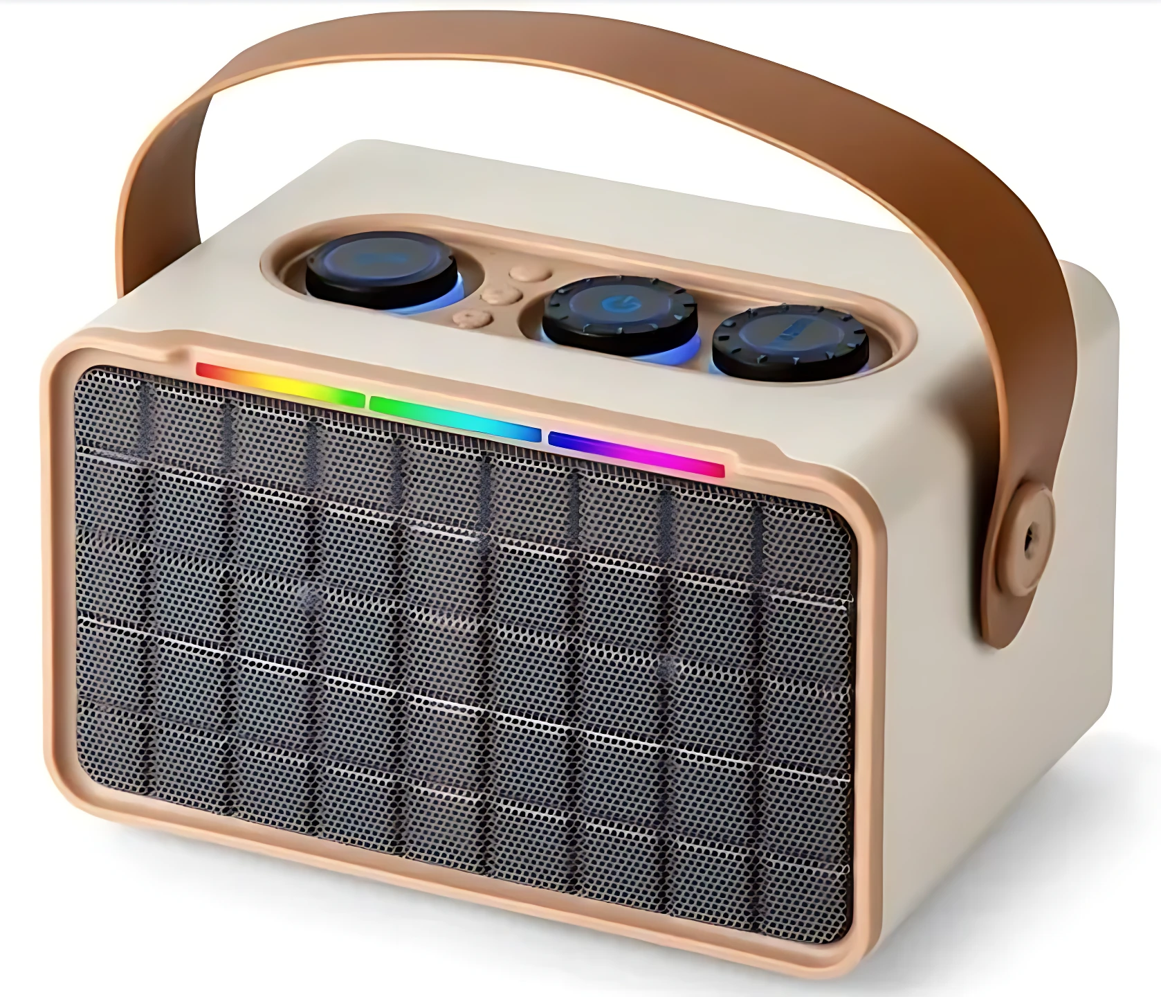 Parlante Bluetooth portátil color crema con asa de cuero, rejilla frontal y luces LED multicolor en la parte superior.
