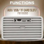 Parlante blanco con rejilla frontal y panel trasero que muestra puertos AUX, USB, ranura TF y entrada Type-C, con logotipo ELITE visible.