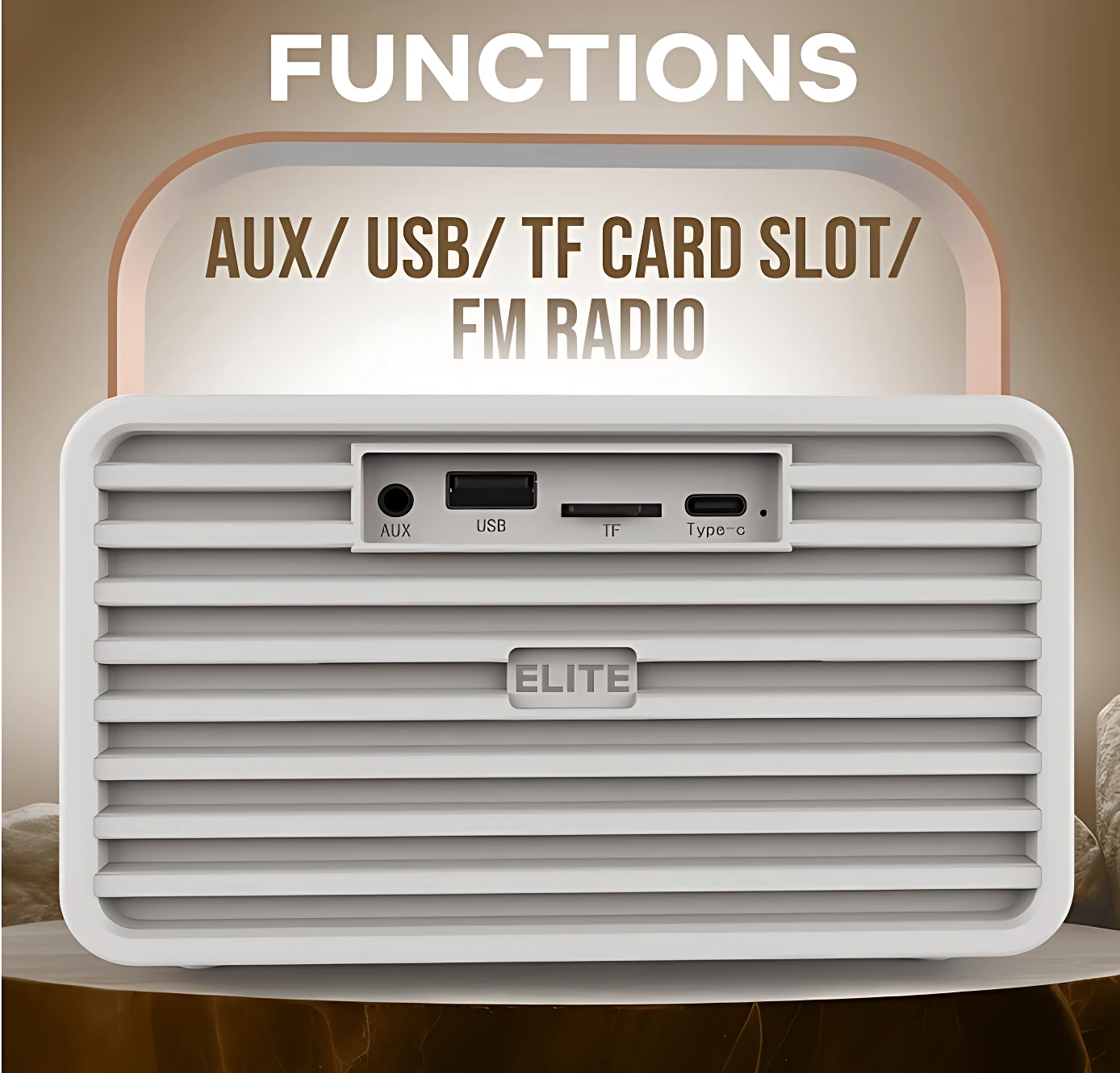Parlante blanco con rejilla frontal y panel trasero que muestra puertos AUX, USB, ranura TF y entrada Type-C, con logotipo ELITE visible.