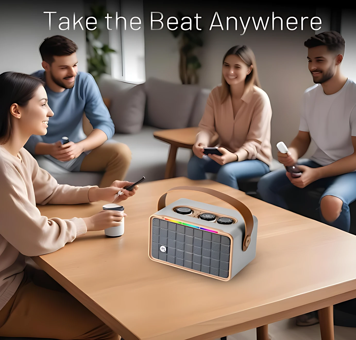 Parlante Bluetooth portátil gris con luces LED multicolor y asa de cuero, sobre mesa de madera en sala con grupo de amigos usando controles remotos.