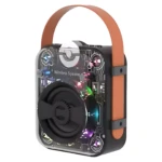 Parlante portátil de 2 pulgadas con carcasa transparente, luces LED multicolor y correa naranja para transporte.