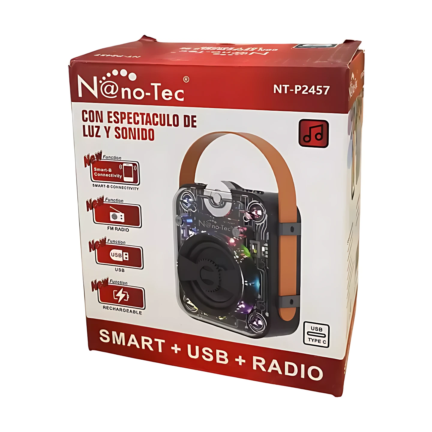 Caja del parlante portátil Nano-Tec NT-P2457, color rojo y blanco, con visor transparente que muestra el altavoz negro y detalles internos. Incluye conectividad USB, Bluetooth y radio FM.