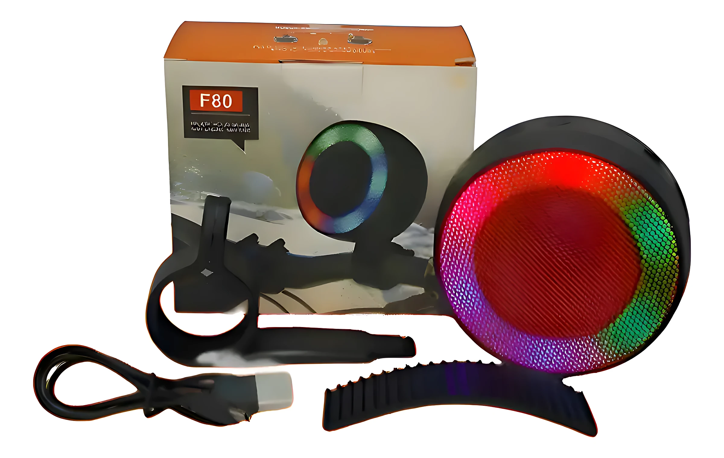 Parlante Bluetooth para bicicleta con luces LED RGB en color rojo, mostrando caja, base de montaje, cable USB y soporte adicional.