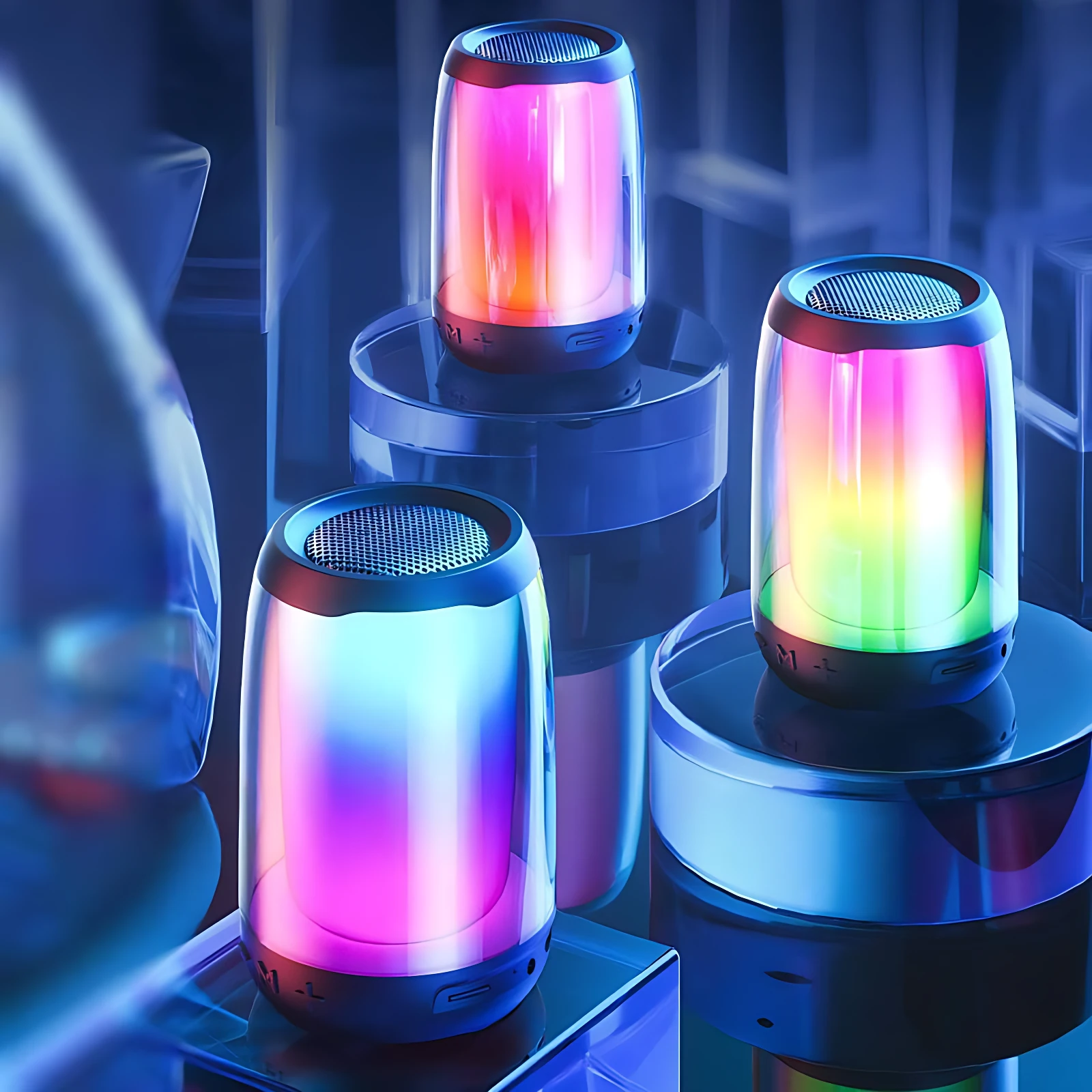 Tres parlantes Bluetooth Remax con luces LED multicolor en exhibición, mostrando tonos vibrantes sobre bases reflectantes.