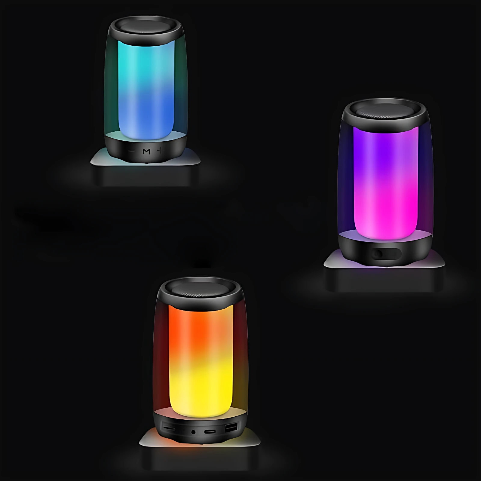 Tres parlantes Bluetooth Remax con luces LED en colores azul, magenta y naranja, mostrando diferentes tonos de iluminación.