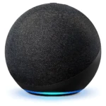 Parlante inteligente esférico negro con rejilla textil y anillo LED azul en base, diseñado para control por voz.