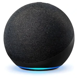 Parlante inteligente esférico negro con rejilla textil y anillo LED azul en base, diseñado para control por voz.