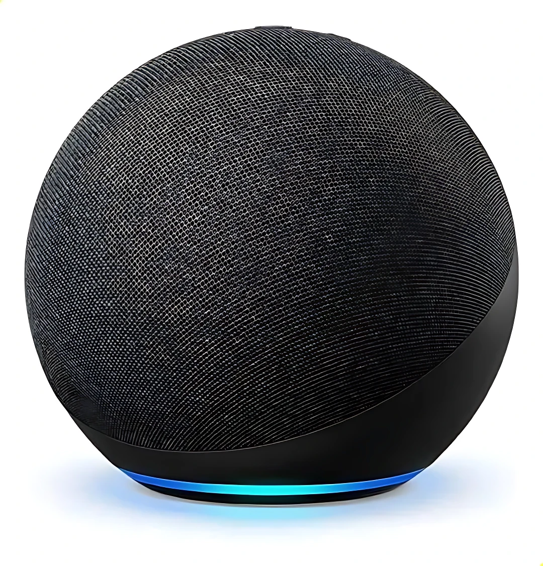 Parlante inteligente esférico negro con rejilla textil y anillo LED azul en base, diseñado para control por voz.