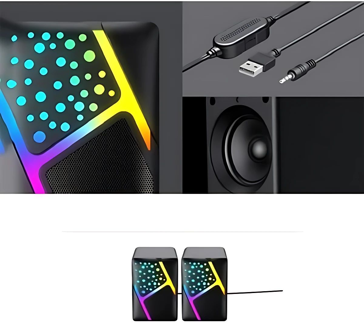 Parlantes USB con luces RGB para PC, mostrando detalles del diseño, conexión y empaque.
