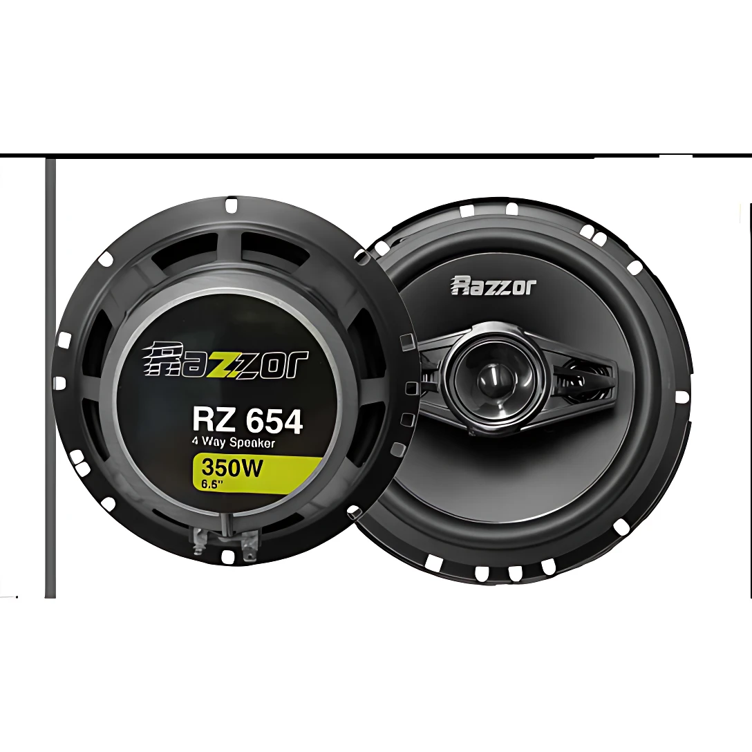 Parlantes coaxiales Razzor de 6 pulgadas, modelo RZ 654, con potencia de 350W. Vista frontal y trasera mostrando diseño negro, cono central y tornillos de montaje.
