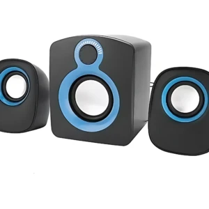 Parlantes estéreo WIT PW-2000 en color negro con detalles en azul, sistema de 2.1 con subwoofer central y altavoces satélite, ideales para PC.