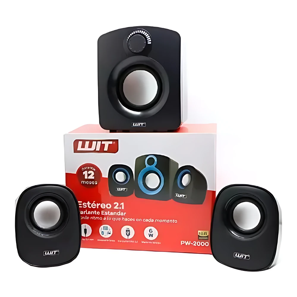 Parlantes estéreo WIT PW-2000 en color negro, con caja roja y blanca al fondo. Se ven dos altavoces frontales y uno central arriba, todos con logo WIT visible.