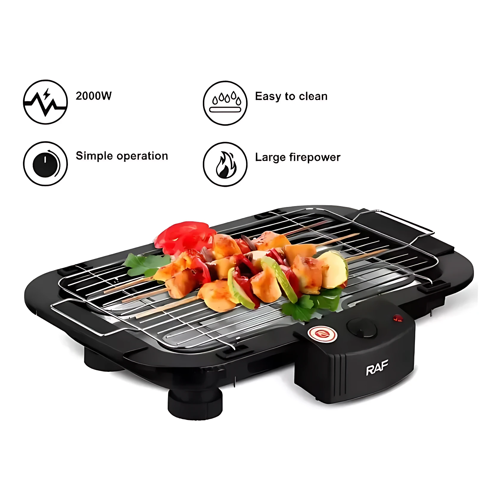 Parrilla eléctrica portátil negra con rejilla metálica, control lateral y brochetas de carne, verduras y frutas sobre superficie antiadherente.