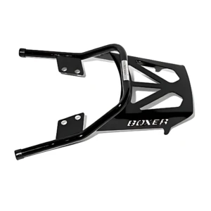 Parrilla de protección trasera para moto en acero negro mate, con estructura tubular y base plana con logotipo BOXER.