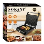 Parrilla eléctrica Sokany SK-08103 en caja, mostrando dispositivo negro con alimentos cocinados sobre su superficie de parrilla.