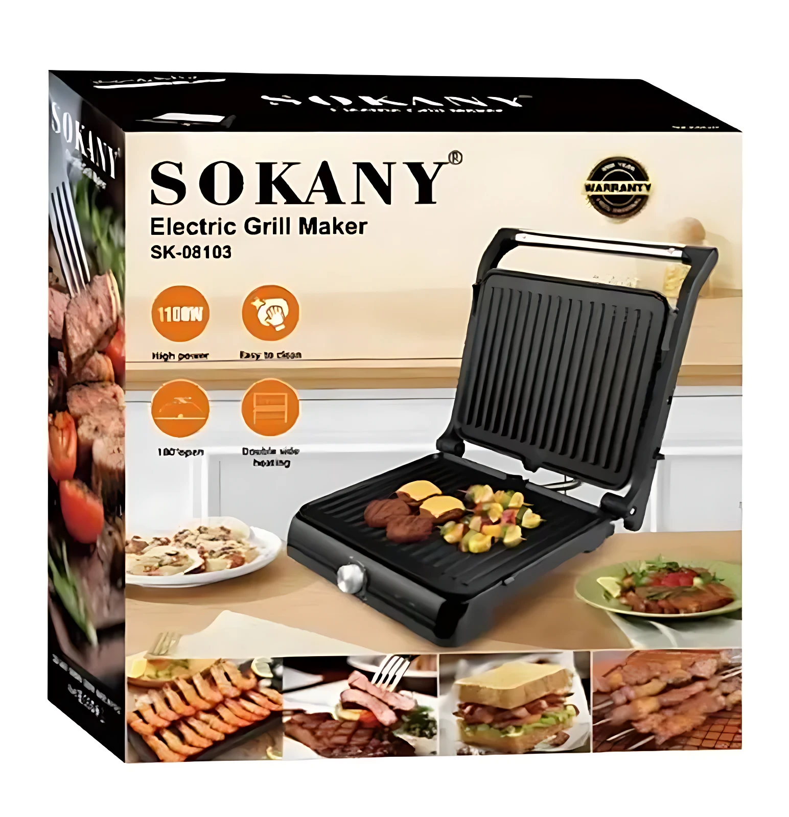 Parrilla eléctrica Sokany SK-08103 en caja, mostrando dispositivo negro con alimentos cocinados sobre su superficie de parrilla.