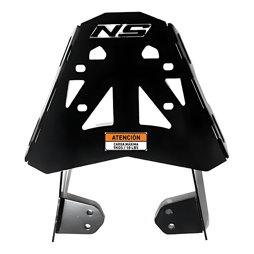 Parrilla trasera de acero negro para motos NS 150, 160 y 200, con logotipo NS y etiqueta de advertencia en naranja.