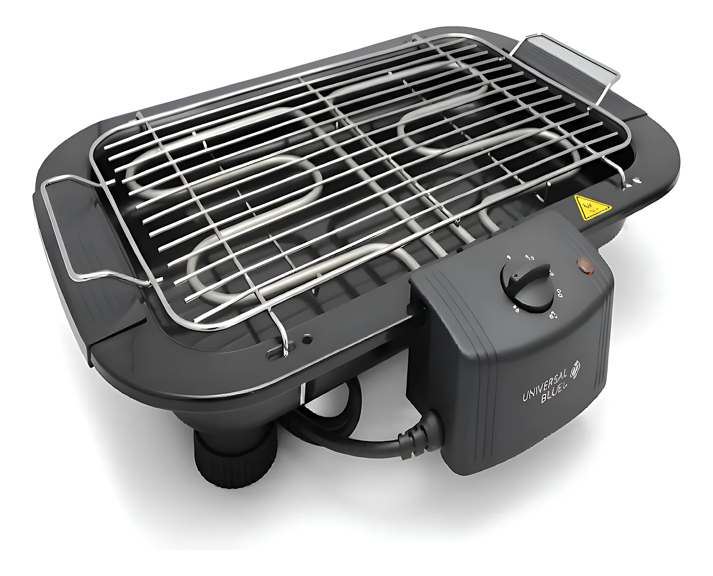 Parrillera eléctrica compacta de color negro con rejilla metálica y panel de control lateral, diseñada para uso en espacios reducidos.