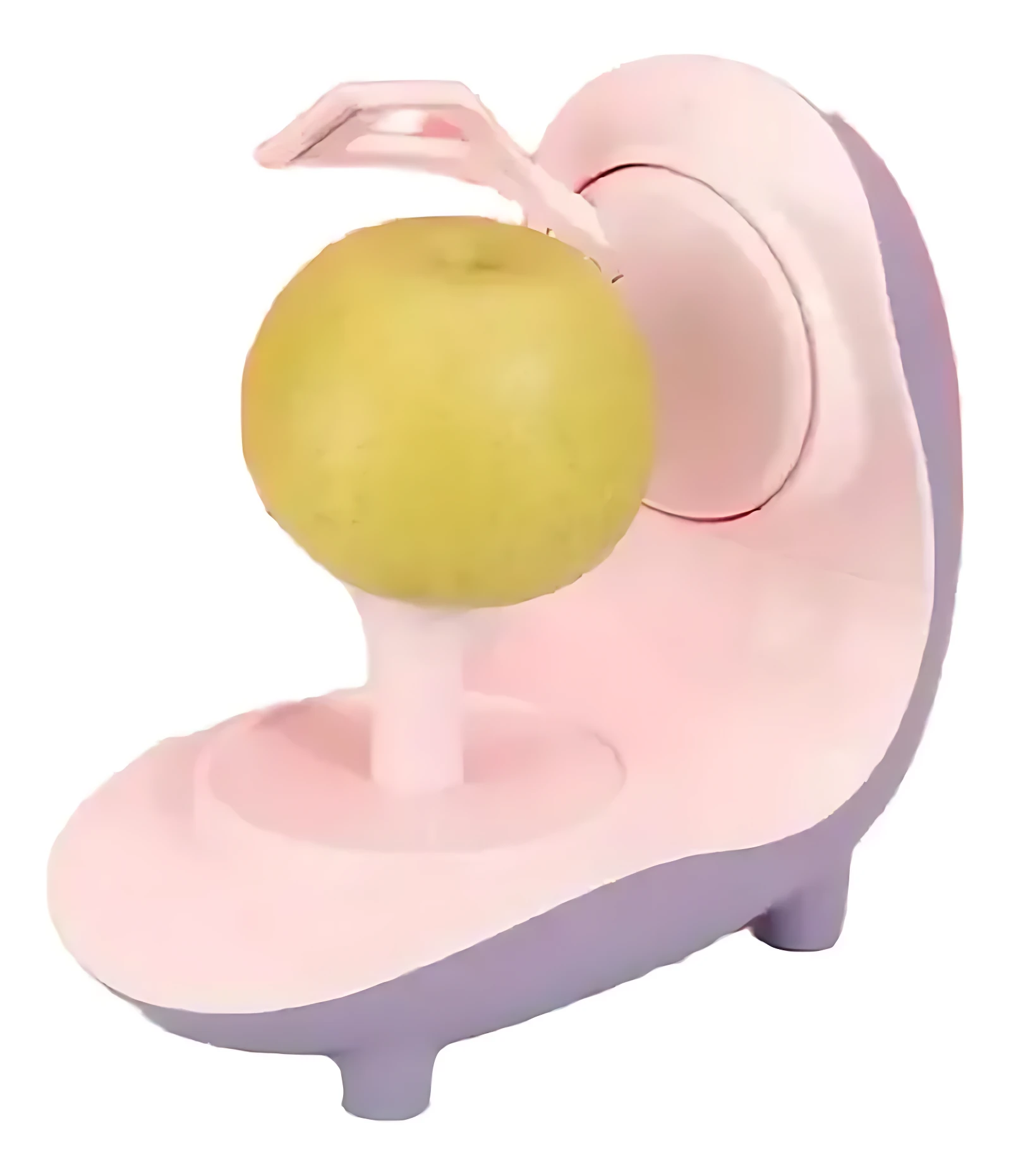 Pelador automático eléctrico en color rosa pálido con mango ergonómico, mostrando una manzana verde sobre su base de soporte.