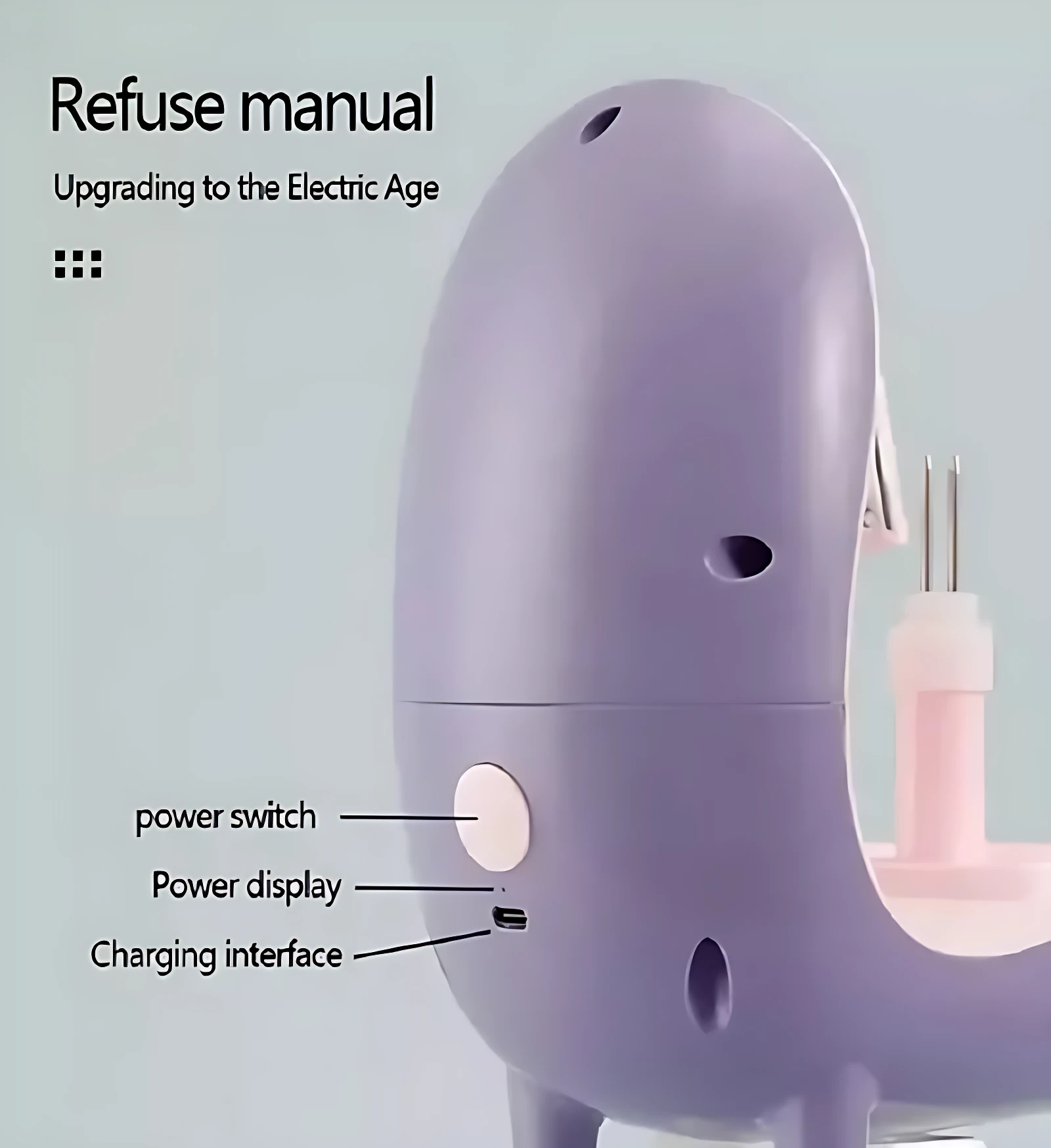 Pelador eléctrico en color lila con interruptor, indicador de carga y puerto USB, diseñado para pelar frutas y verduras de forma segura y eficiente.