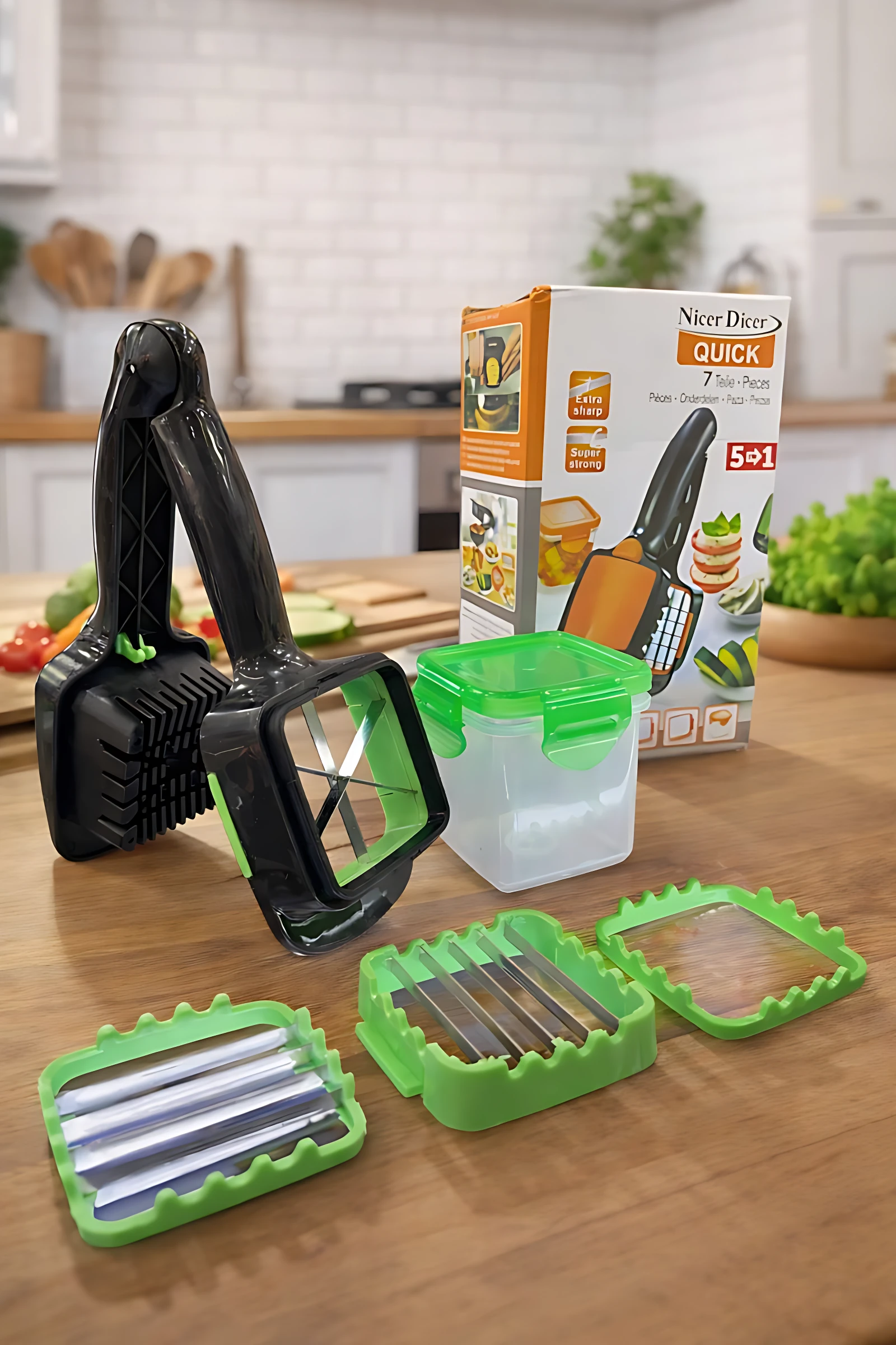 Pelador Nicer Nicer en caja, con mango negro y accesorios verdes sobre mesa de madera. Incluye contenedor transparente y tres cabezales intercambiables para cortar y pelar.