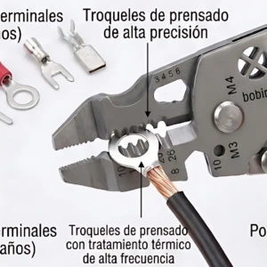 Peladora de cables 7 en 1 con acero endurecido, mostrando sus funciones: prensado de terminales, troqueles de alta precisión, bobinado y poste robusto, con cable negro siendo cortado.
