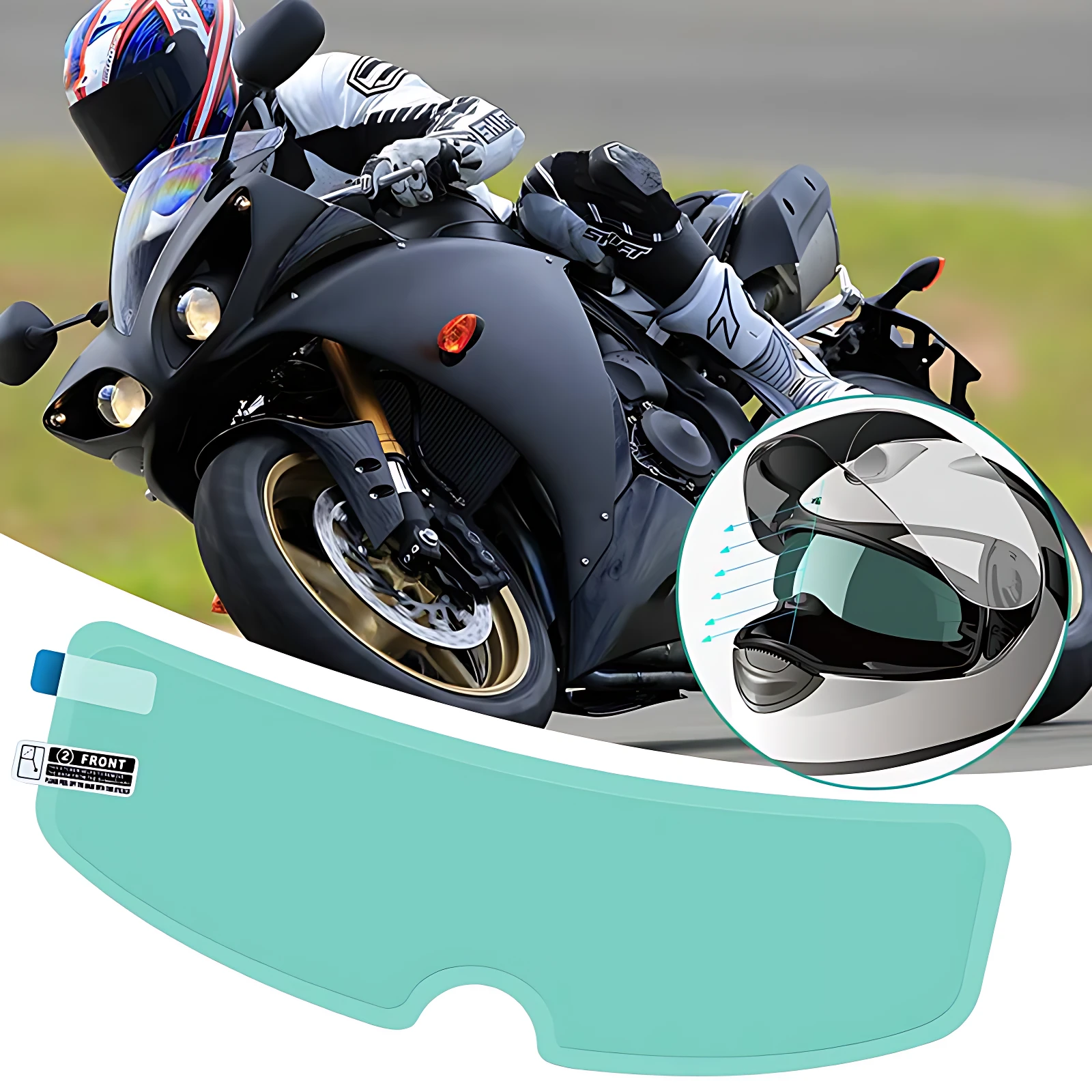Película antilluvia verde menta para casco de moto, con vista frontal y detalle de instalación en visera. Incluye etiqueta de marca y muestra de uso en lluvia.