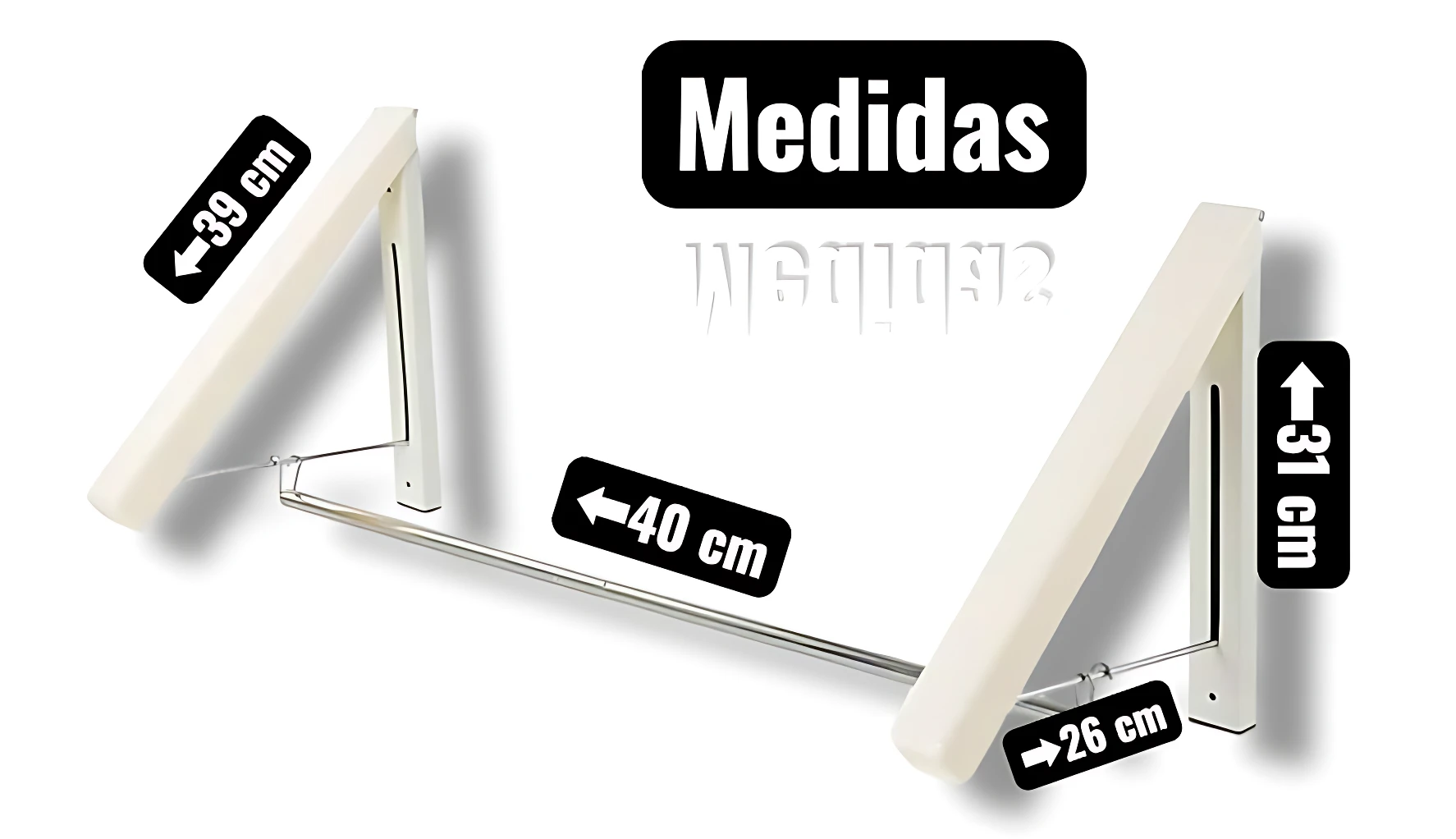 Perchero plegable de pared en color blanco, con barra oculta y medidas visibles: 39 cm de altura, 40 cm de ancho y 31 cm de profundidad. Ideal para espacios reducidos.