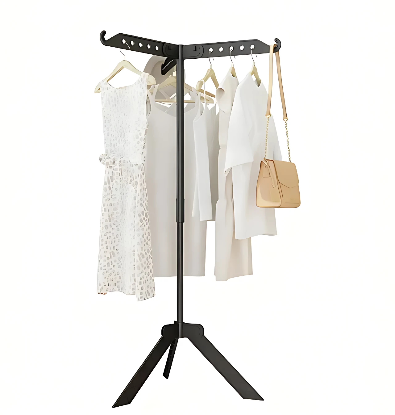 Perchero metálico árbol negro con perchas integradas, mostrando vestido blanco, blusas y bolso beige colgados. Base trípode estable.