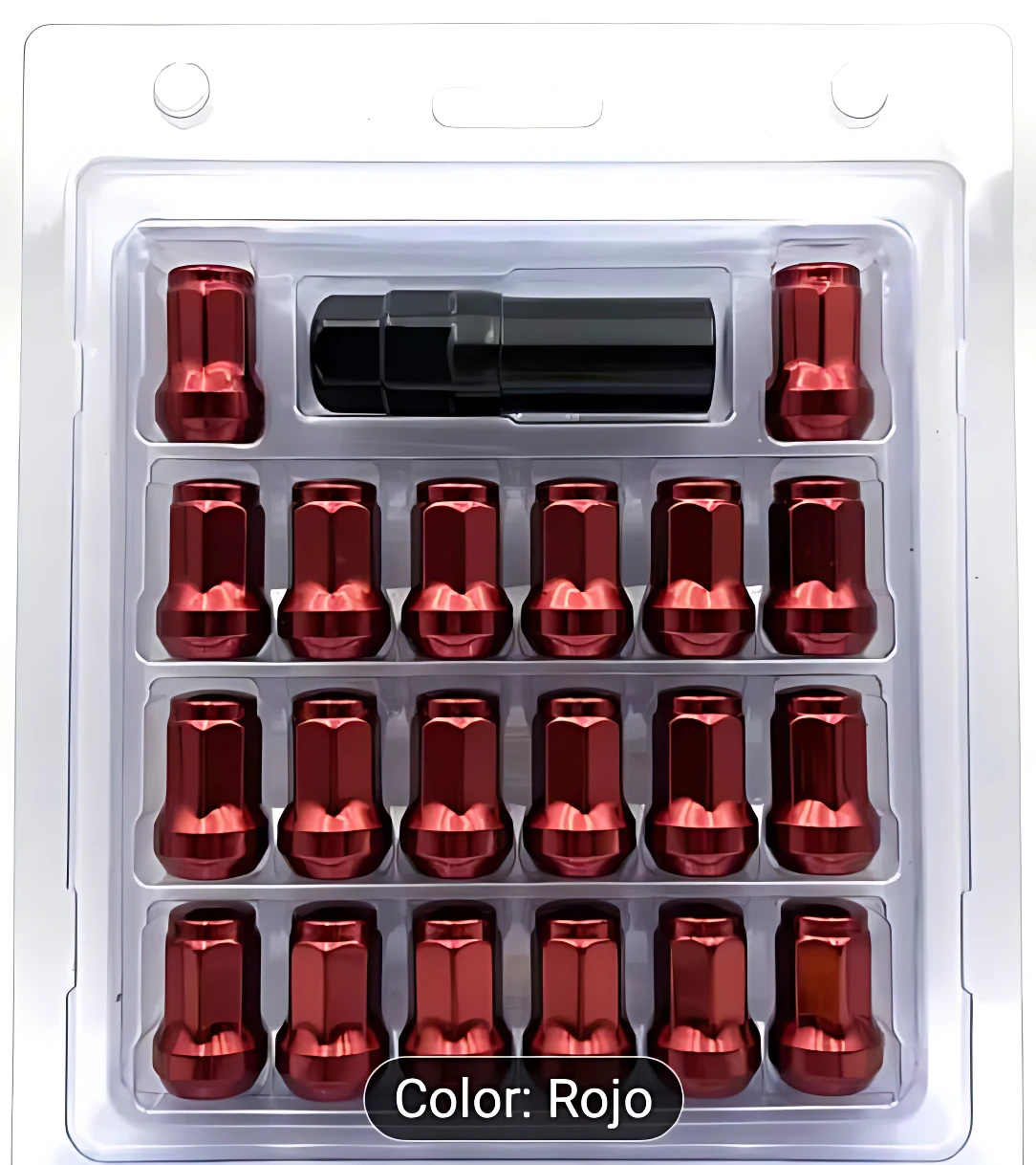 Pack de 16 pernos de lujo en color rojo con llave de ajuste, presentados en blister transparente para protección y exhibición.