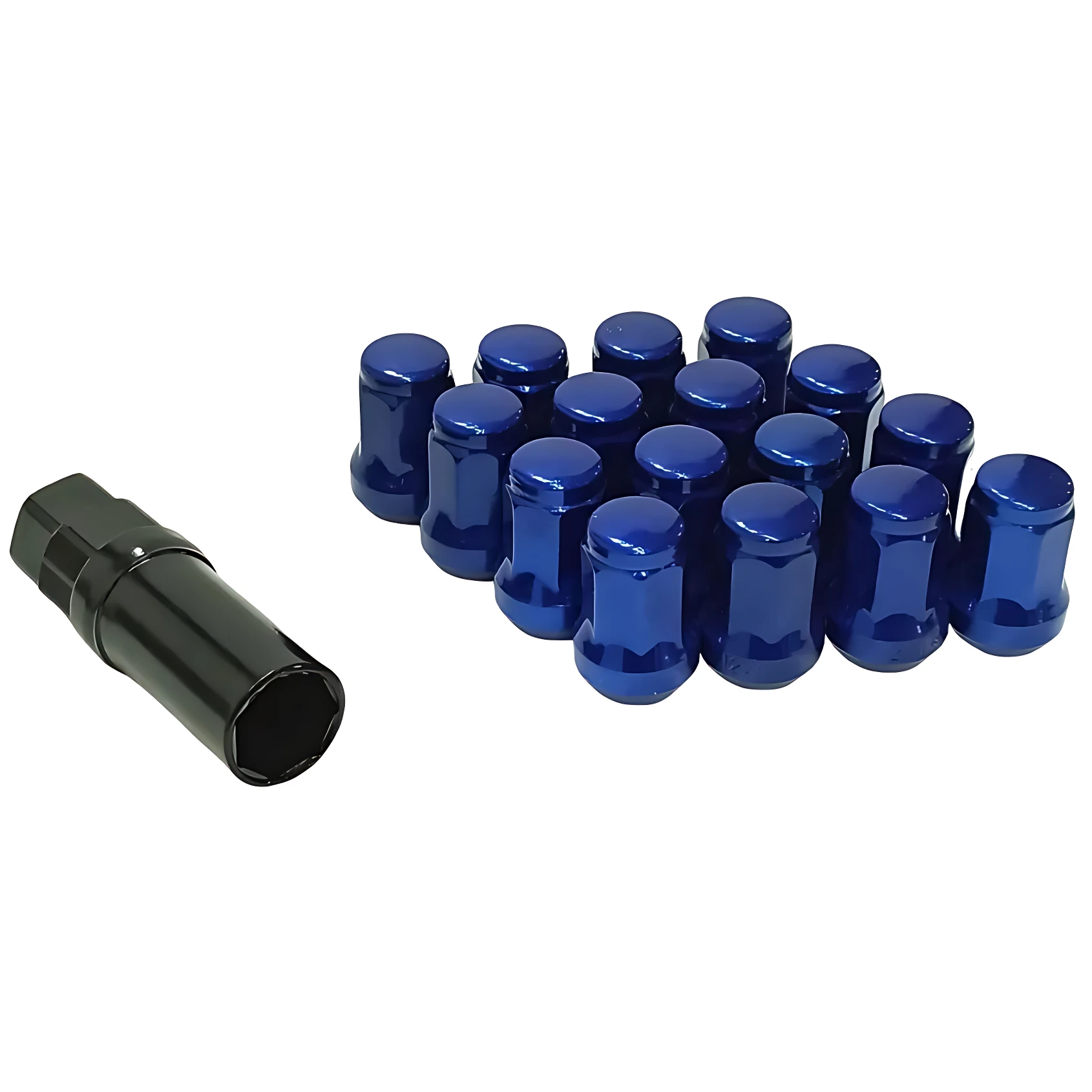Set de catorce tapones de llanta en azul metálico con acabado brillante, acompañados de una herramienta de instalación negra, diseñados para proteger el centro de la rueda y potenciar el estilo deportivo del vehículo.