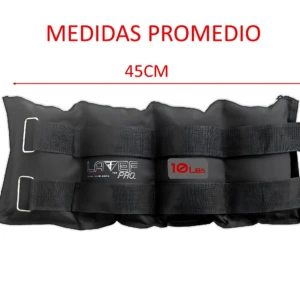 Pesas tobilleras graduables de 10 kg en color negro, con correas ajustables y etiquetas visibles de marca y peso, mostrando medidas promedio de 45 cm de largo por 18 cm de ancho.
