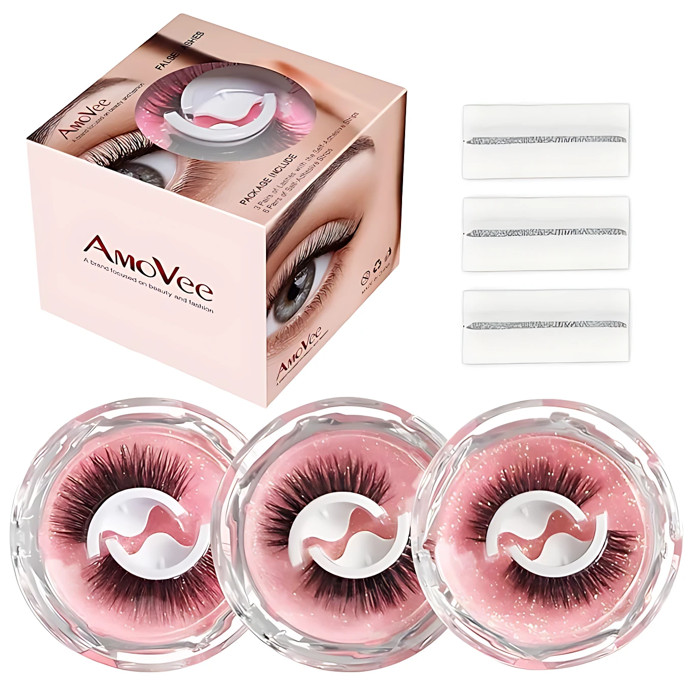 Pack de pestañas autoadhesivas reutilizables sin pegamento, marca AmoVee. Incluye tres pares en estuches transparentes con fondo rosa, tres tiras de adhesivo y caja de presentación.