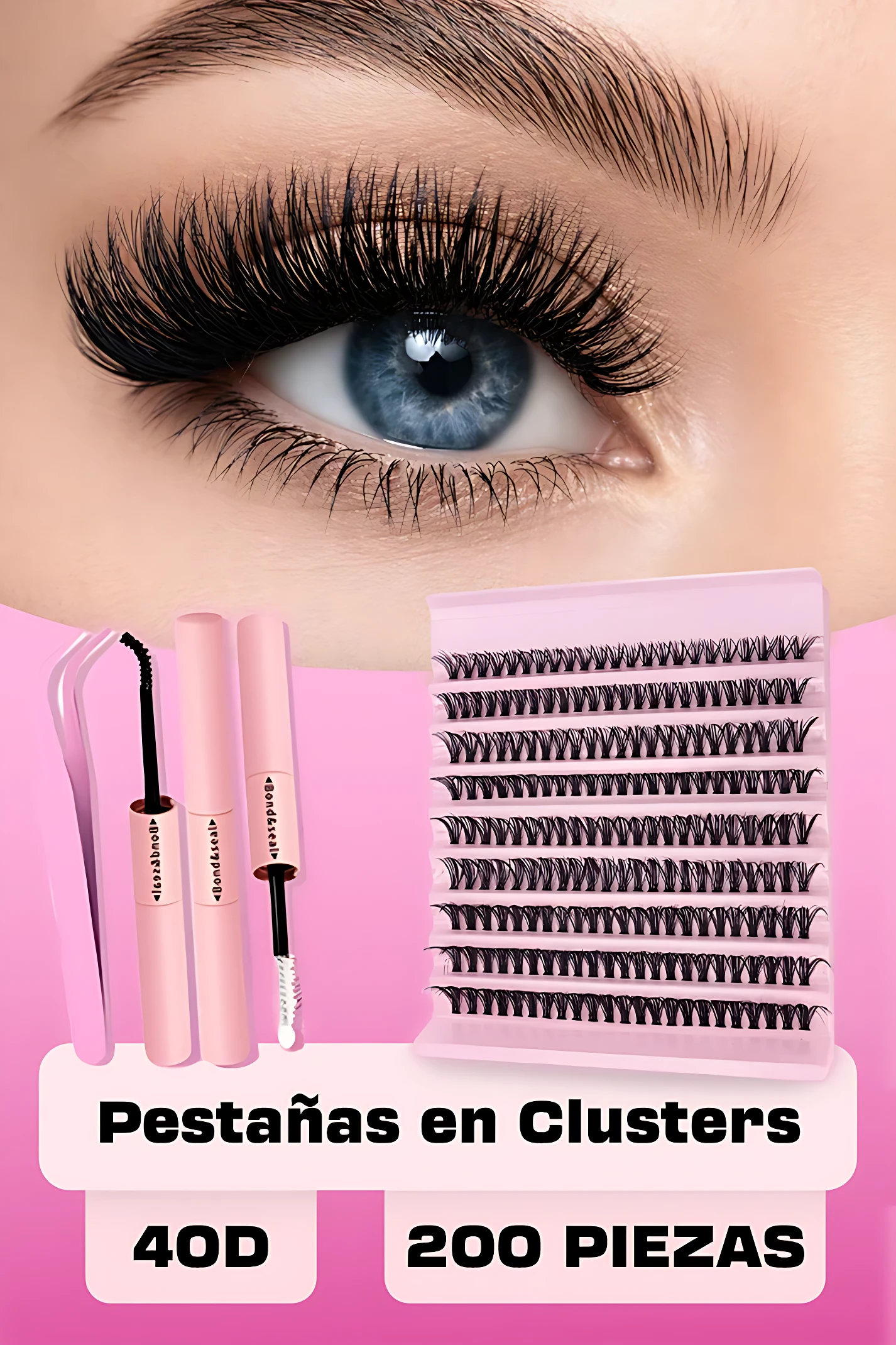 Ojo con pestañas en clusters 40D, 200 unidades, aplicadas sobre párpado superior, junto a tubo de máscara y estuche con filas de pestañas individuales sobre fondo rosa.