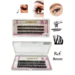 Pack de pestañas postizas Jiemeiya en formato punto a punto, 8mm, con muestra de aplicación y detalles de textura y volumen.