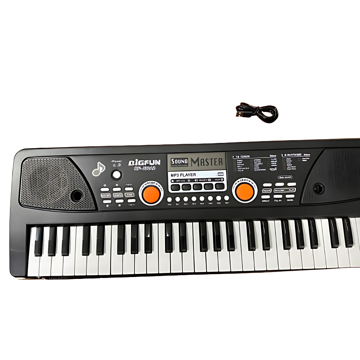 Teclado electrónico negro de 61 teclas para niños, con panel de control, dos altavoces, botones de función y cable de alimentación incluido.
