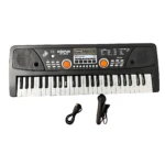 Teclado electrónico negro de 61 teclas para niños, con micrófono, cable y controles de sonido.