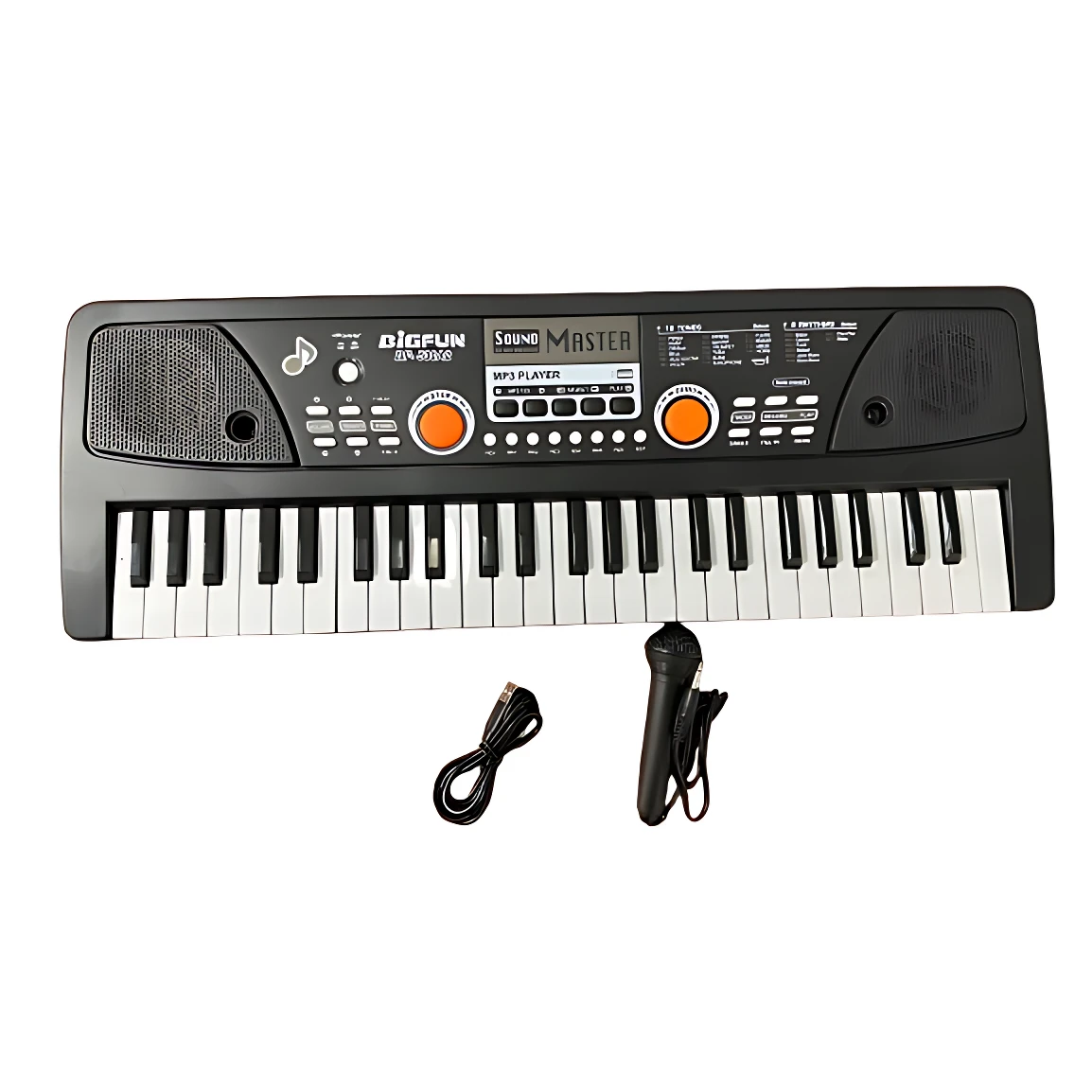 Teclado electrónico negro de 61 teclas para niños, con micrófono, cable y controles de sonido.