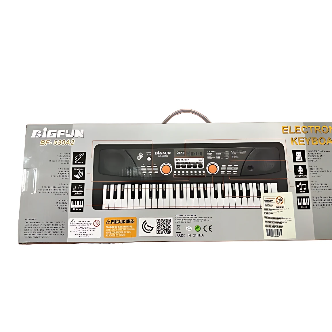Teclado electrónico infantil de 61 teclas en caja gris con asa, marca Bigfun, incluye botones naranjas y panel de control visible.
