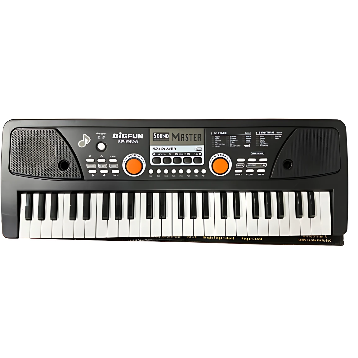 Teclado electrónico negro de 61 teclas con panel de control, dos altavoces y botones naranjas para aprender música.